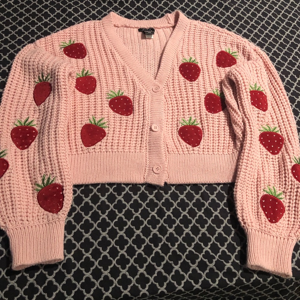 Sweet Society Cottagecore Strawberry Cardigan Chunky Knit 3D Sweater Grandmacore